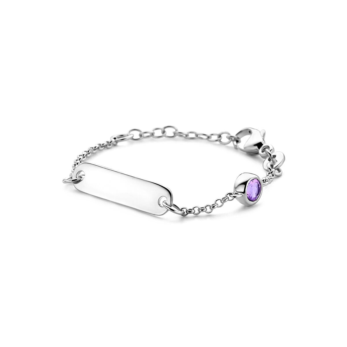 Pulsera de grabado de plata 925 rodiada para niños con amatista.