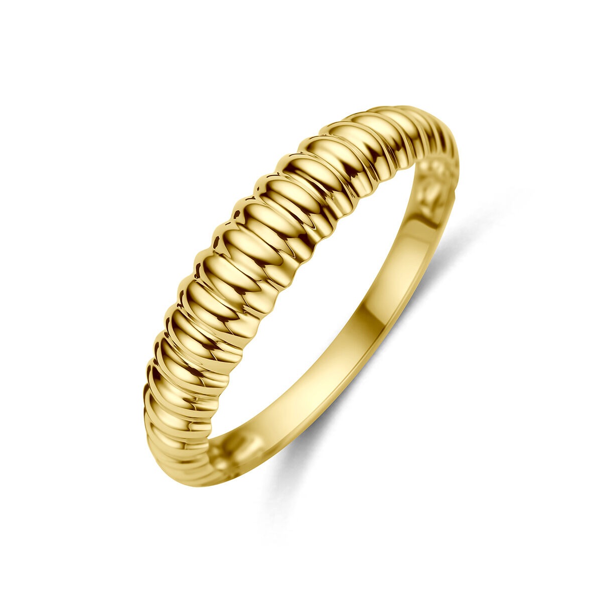 Anillo de oro amarillo de 9 quilates, con diseño estriado y ancho de 4,5 mm.