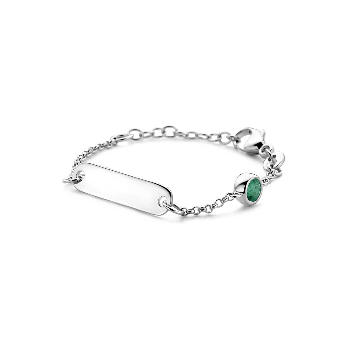 Pulsera de plata 925 rodiada para niños con una placa grabable y un charm de esmeralda.