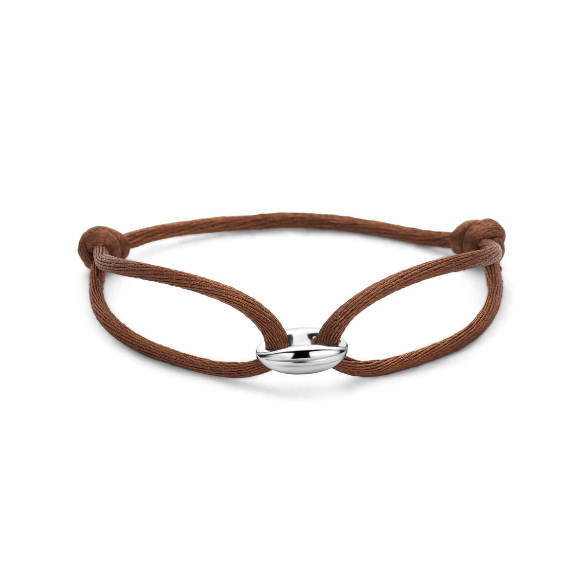 Pulsera de satén marrón con un charm de grano de café plateado.