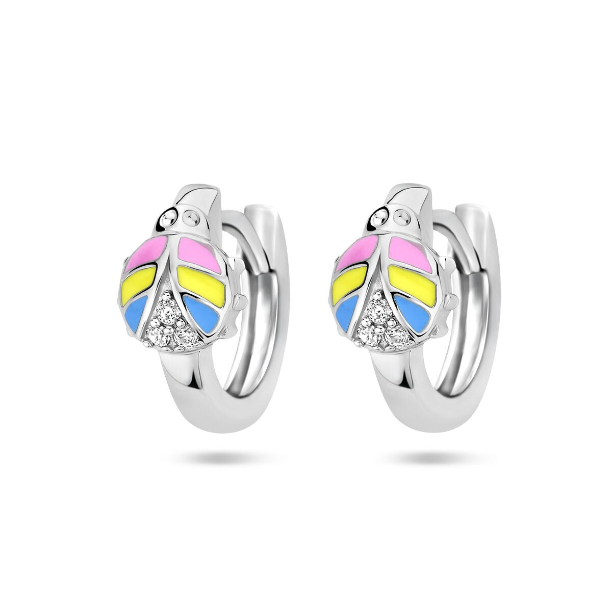 Pendientes de aro infantiles de plata con diseño de mariquita y circonitas, en plata 925 rodiada.