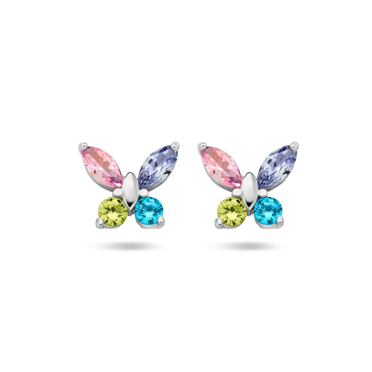 Pendientes de mariposa plateados con circonitas de colores, diseño alegre para niños.