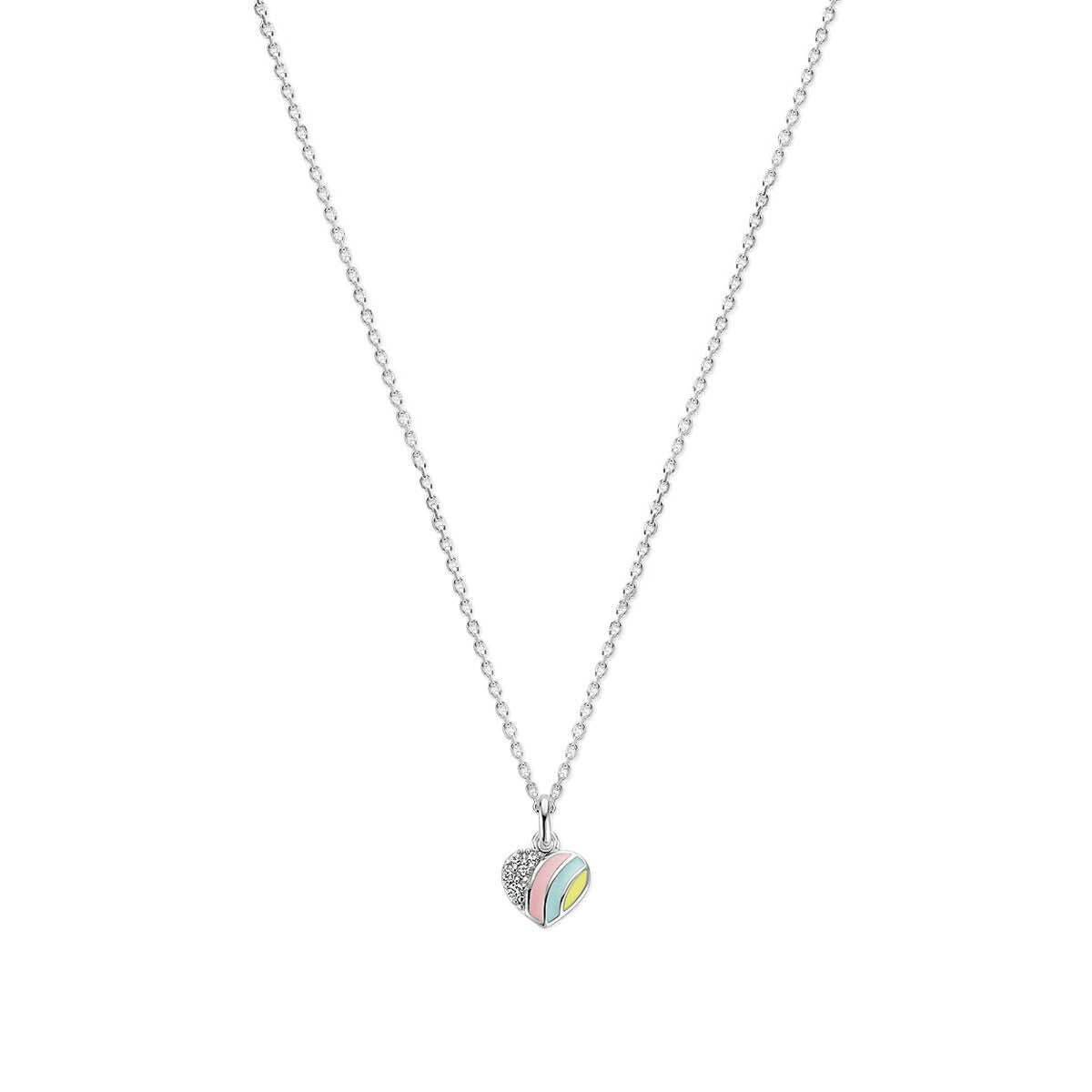 Collar de plata infantil con colgante en forma de corazón, adornado con circonitas y esmalte.