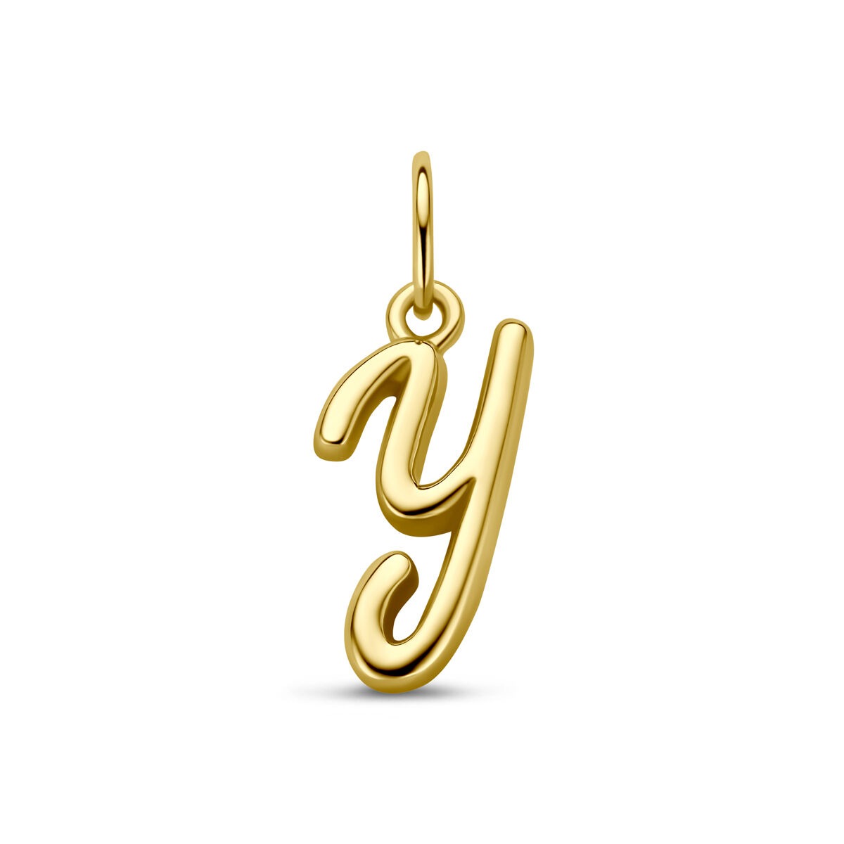 Colgante de letra "y" en plata 925 bañada en oro, con un diseño curvado y brillante.