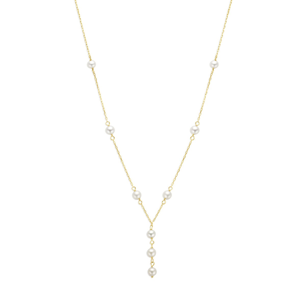 9k geelgouden collier met een enkele parel en meerdere kleine parels in een speelse lijn.