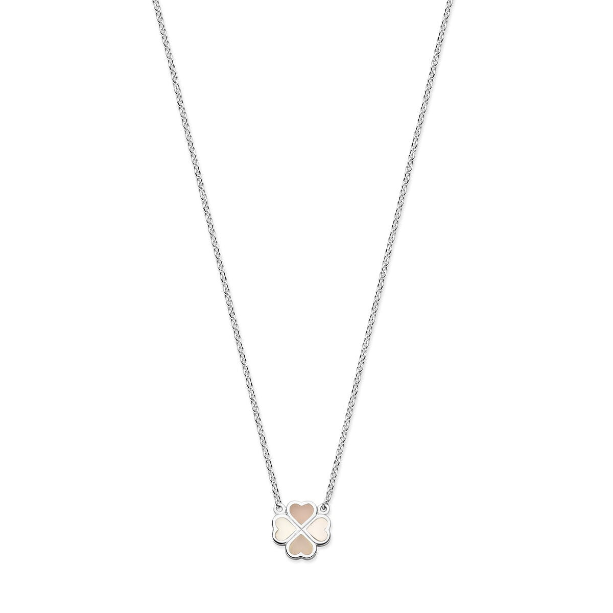 Cadena de plata con colgante de trébol en nácar rosa y blanco, acabado rodiado.