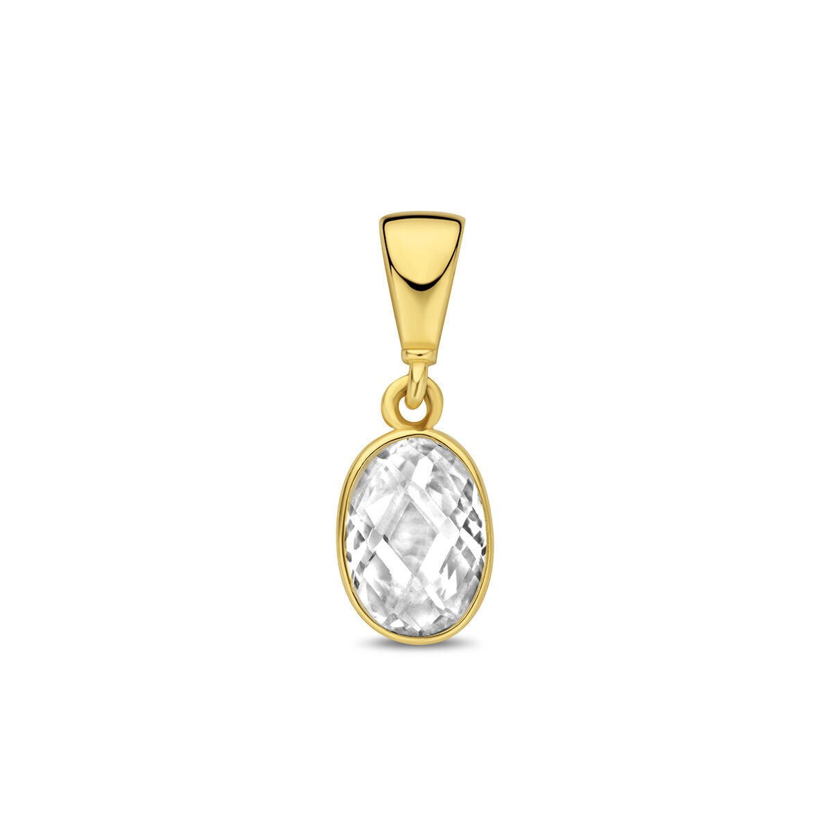 Colgante de oro amarillo de 9 quilates con una zircón ovalada y facetada.