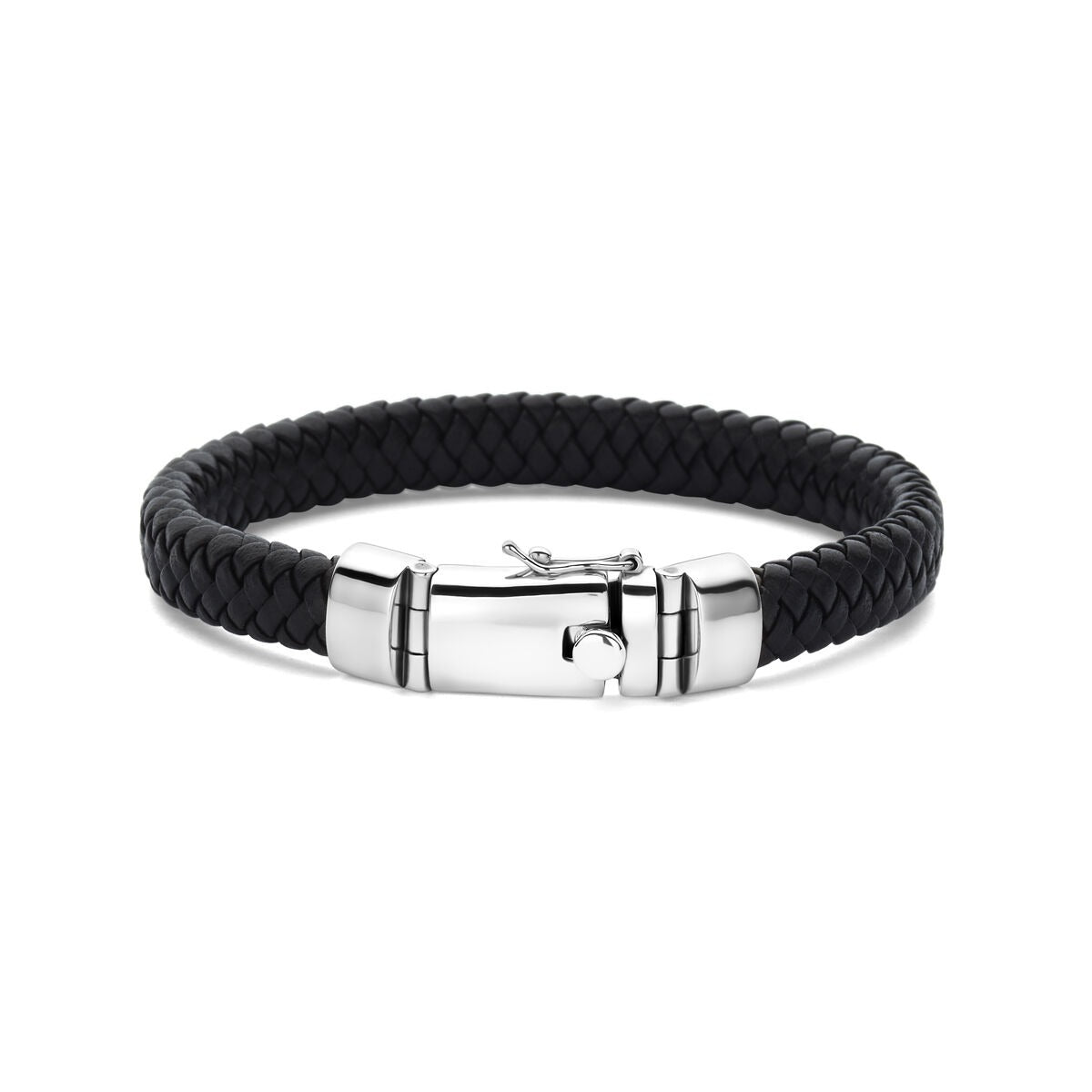 Pulsera de hombre de plata rodiada con cuero negro trenzado, 8,5 mm de ancho.