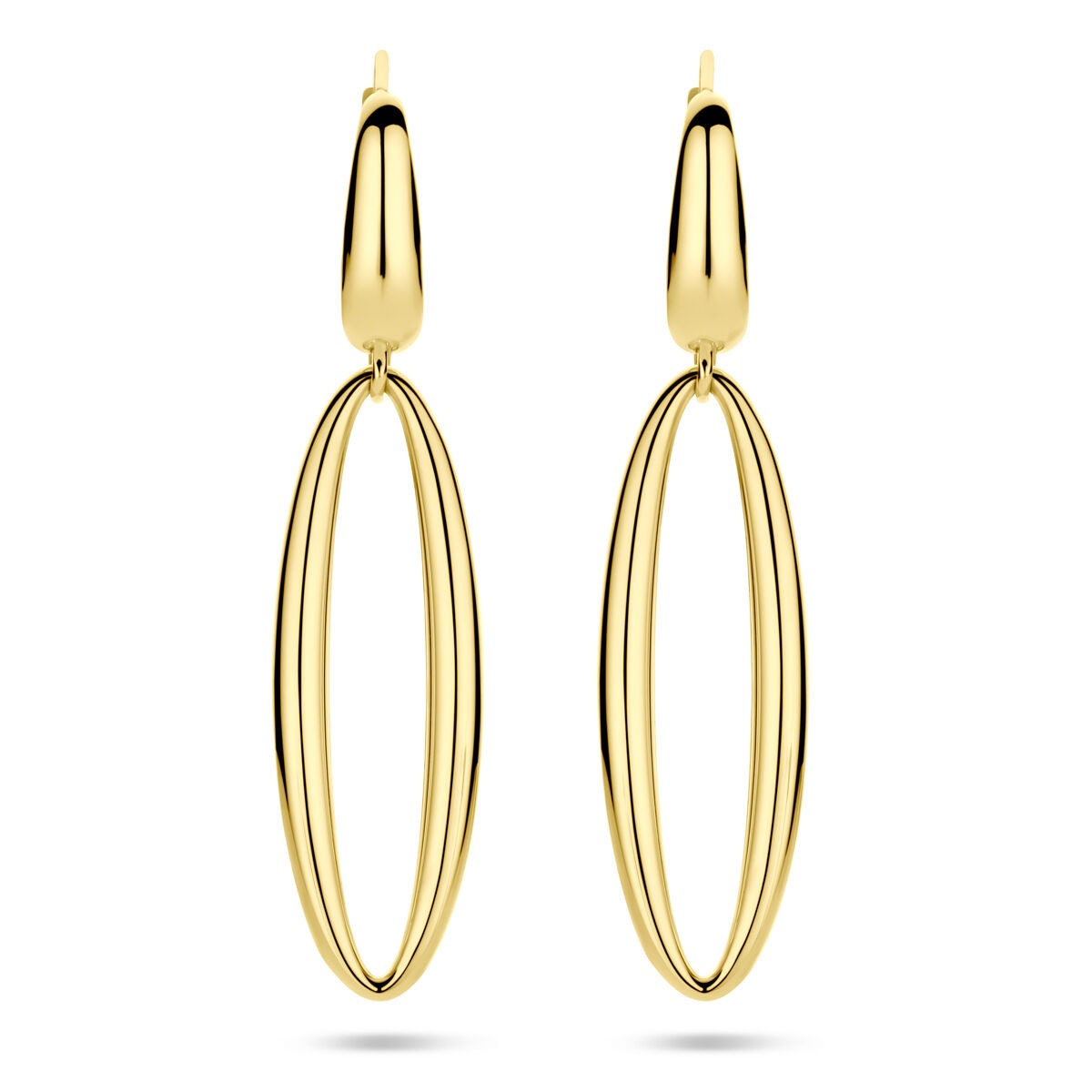 Pendientes largos de 14k en oro amarillo, con forma ovalada y 42 mm de largo.