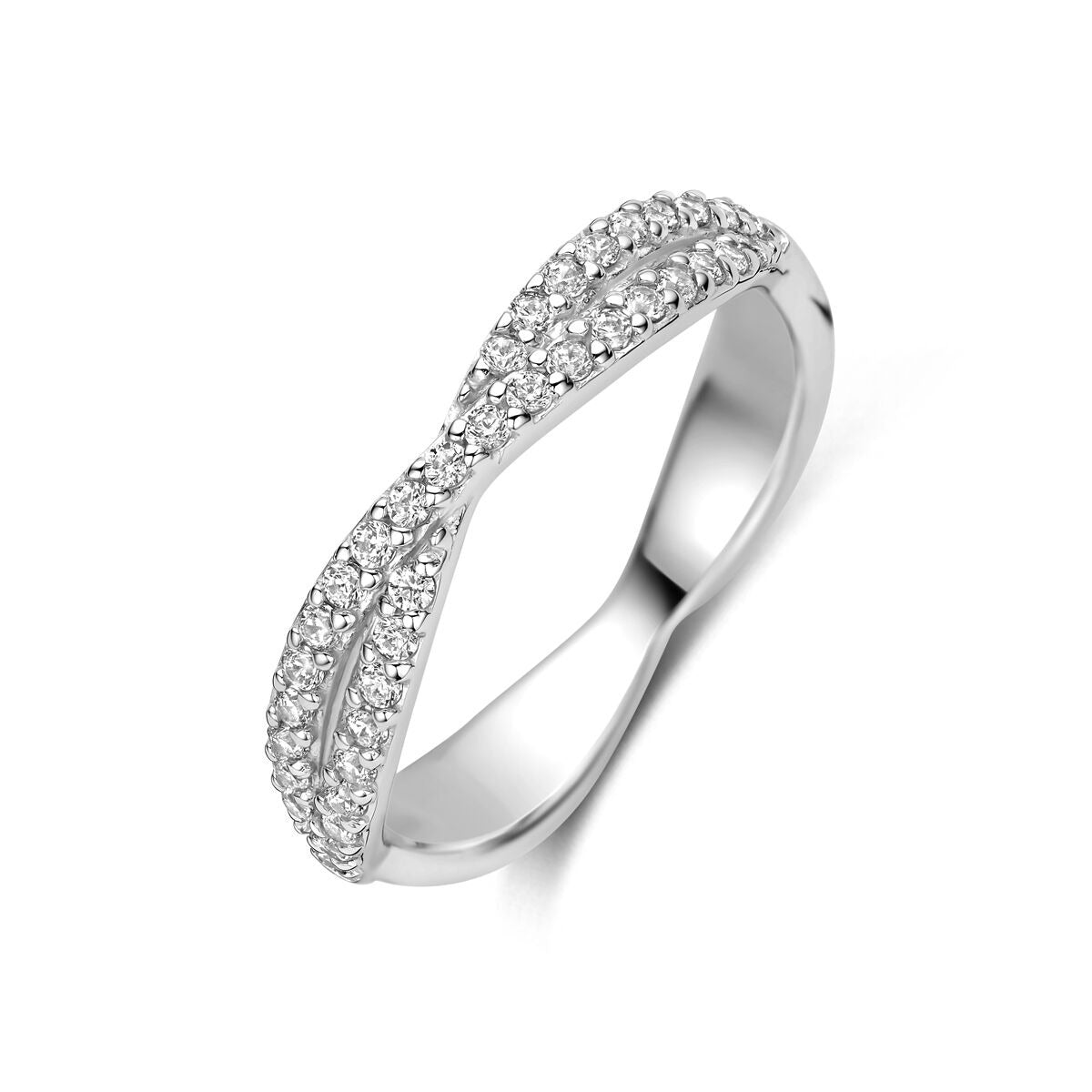 Anillo de plata 925 rodiada con zirconias, diseño entrelazado y brillante.