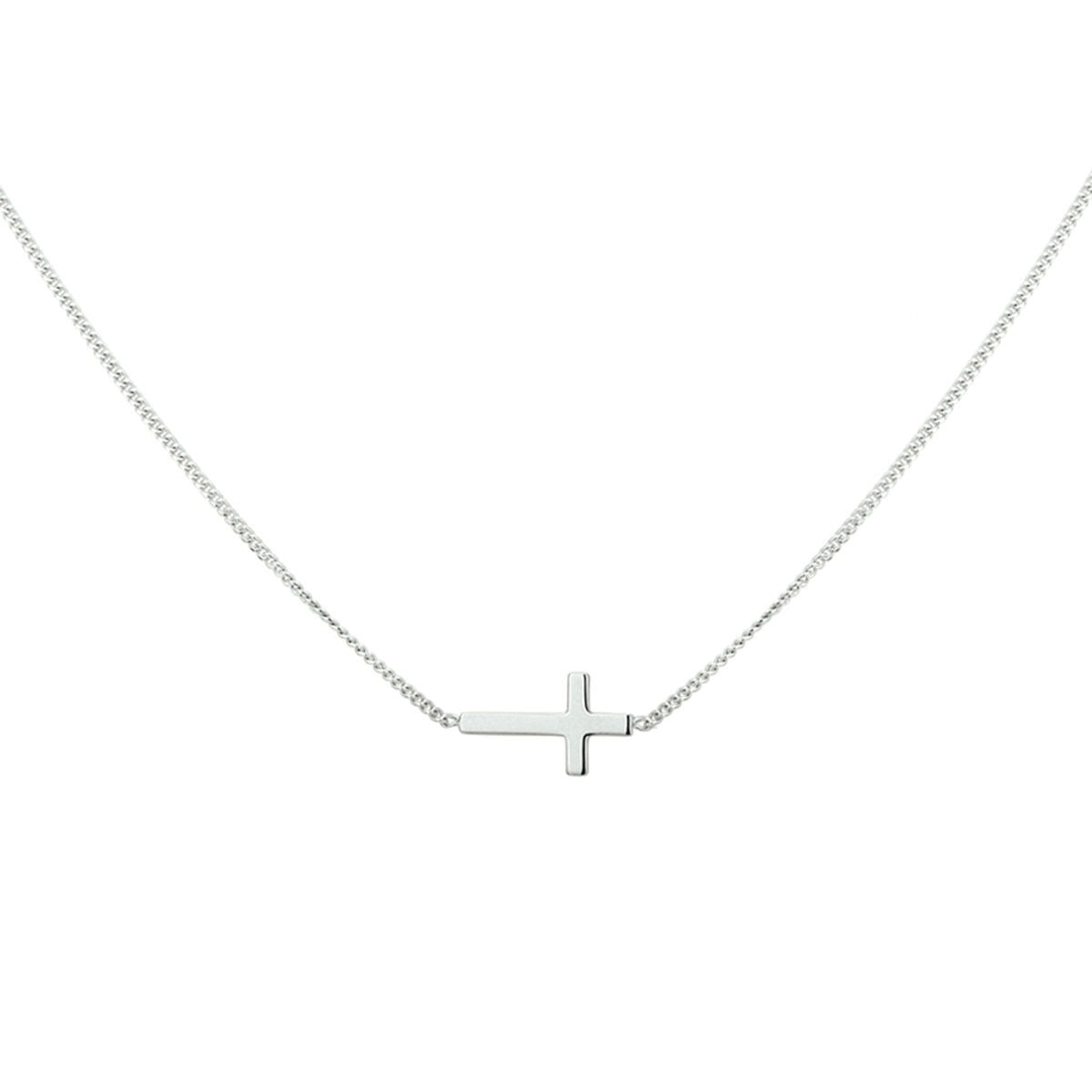 Collar de ancla plateado con cruz, acabado rodiado y diseño delicado.