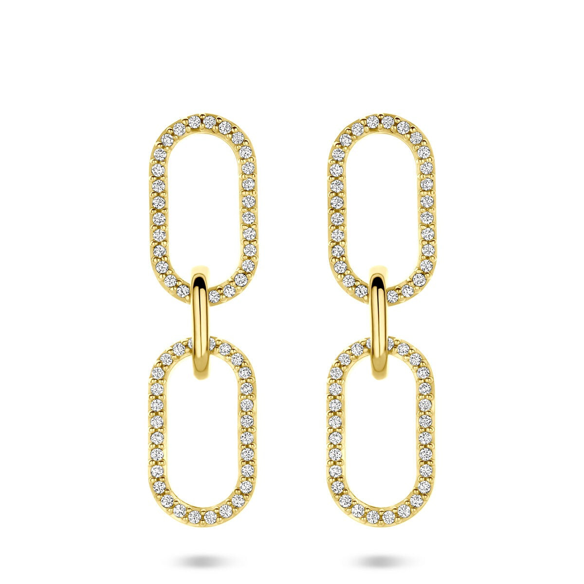 Pendientes largos de plata dorada con circonitas, en forma de eslabones, de 33 mm.