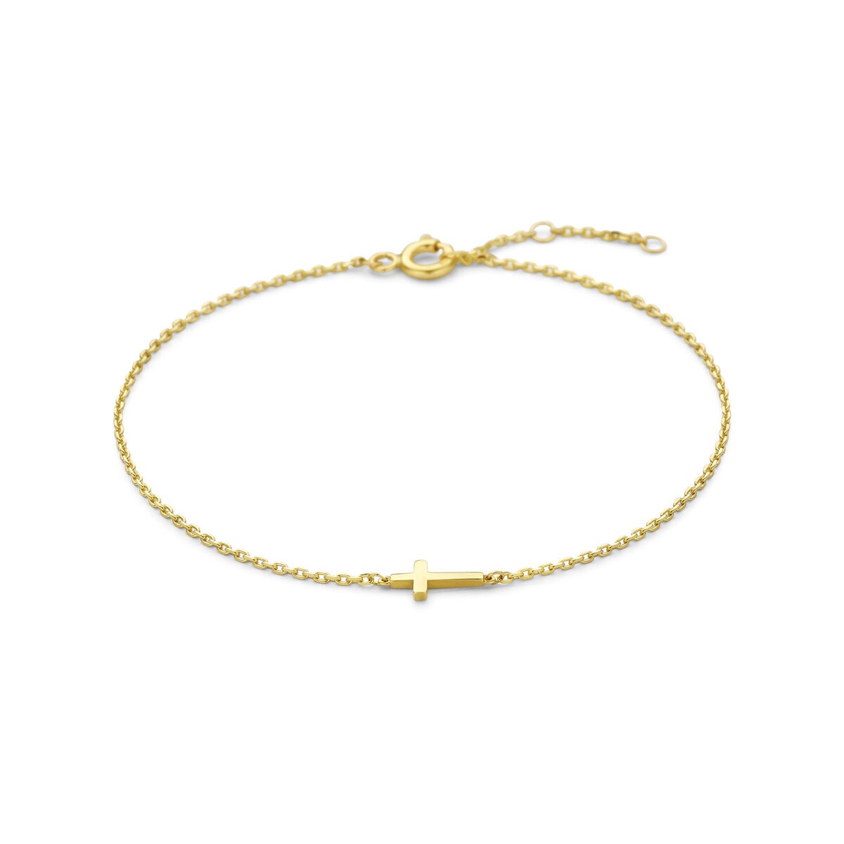 Pulsera de oro amarillo de 9 quilates con un cruz pequeño en el centro.