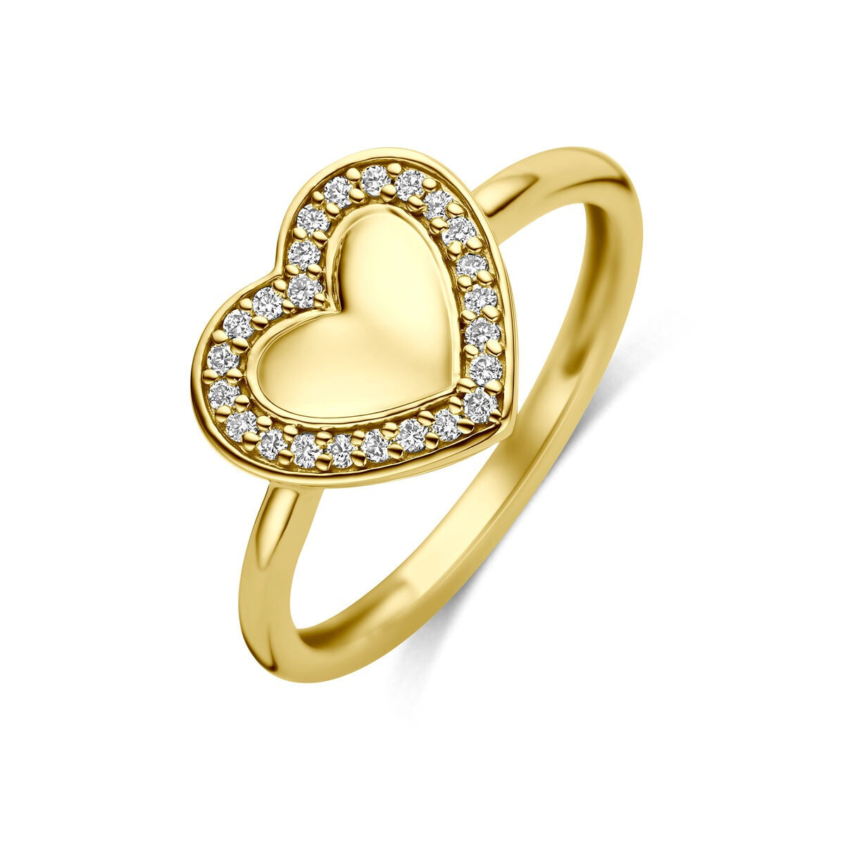 Anillo de oro amarillo de 14k con forma de corazón y diamantes lab-grown alrededor.