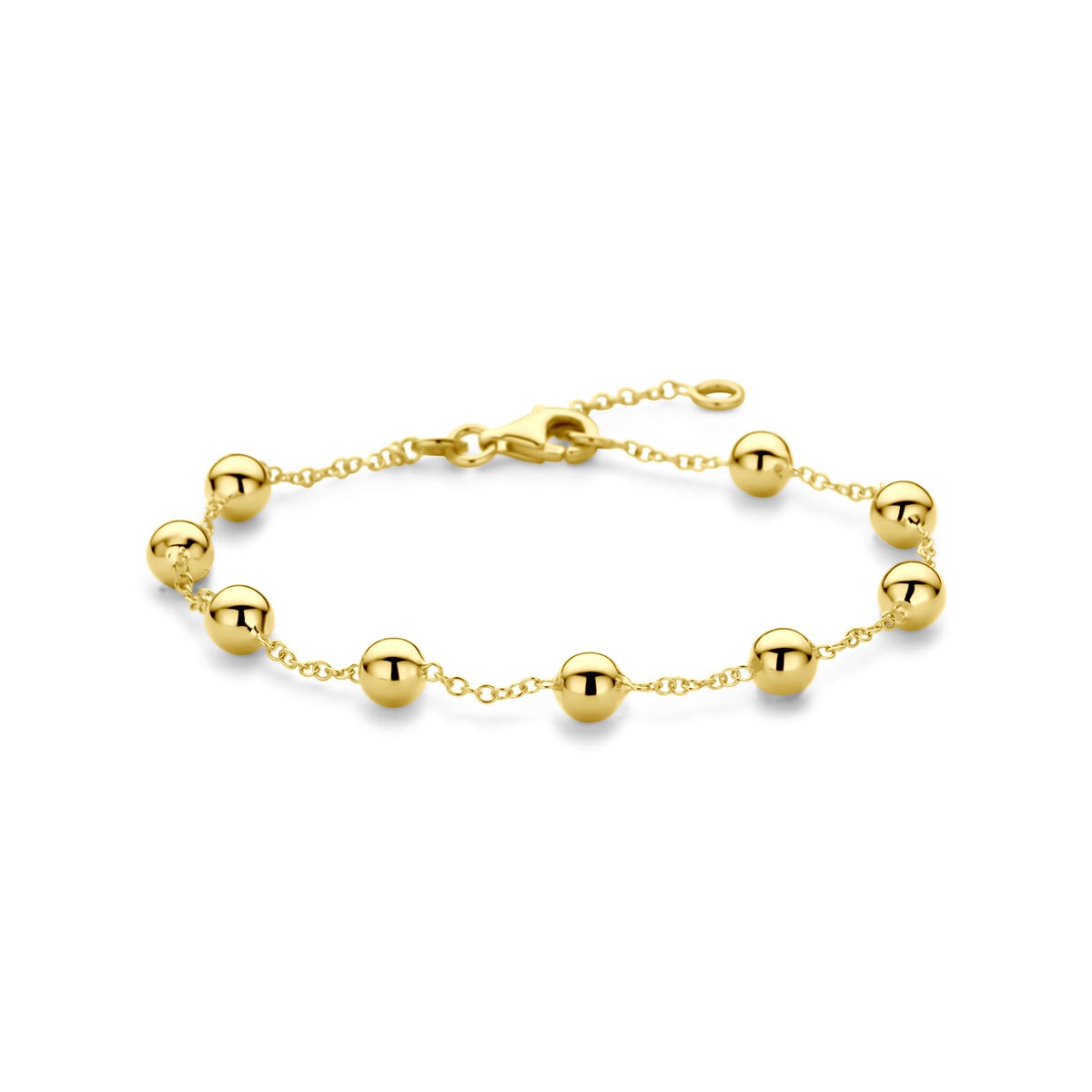 Pulsera de bolitas de oro amarillo de 14 quilates con cierre de langosta.