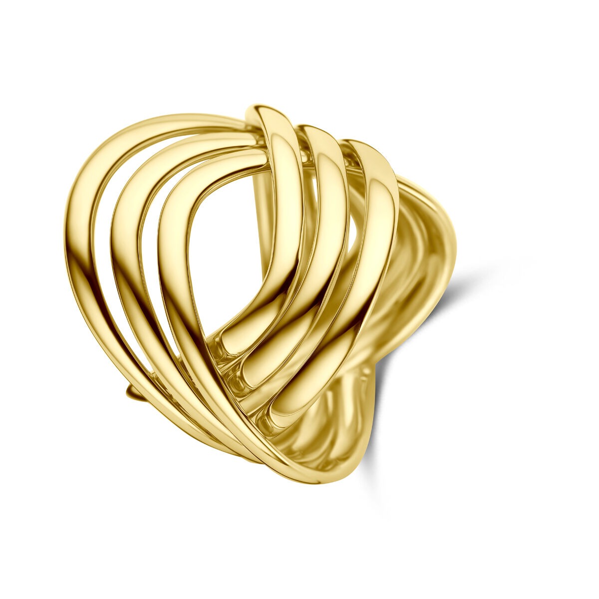 Anillo de dama en oro amarillo de 14k con diseño entrelazado y brillante.