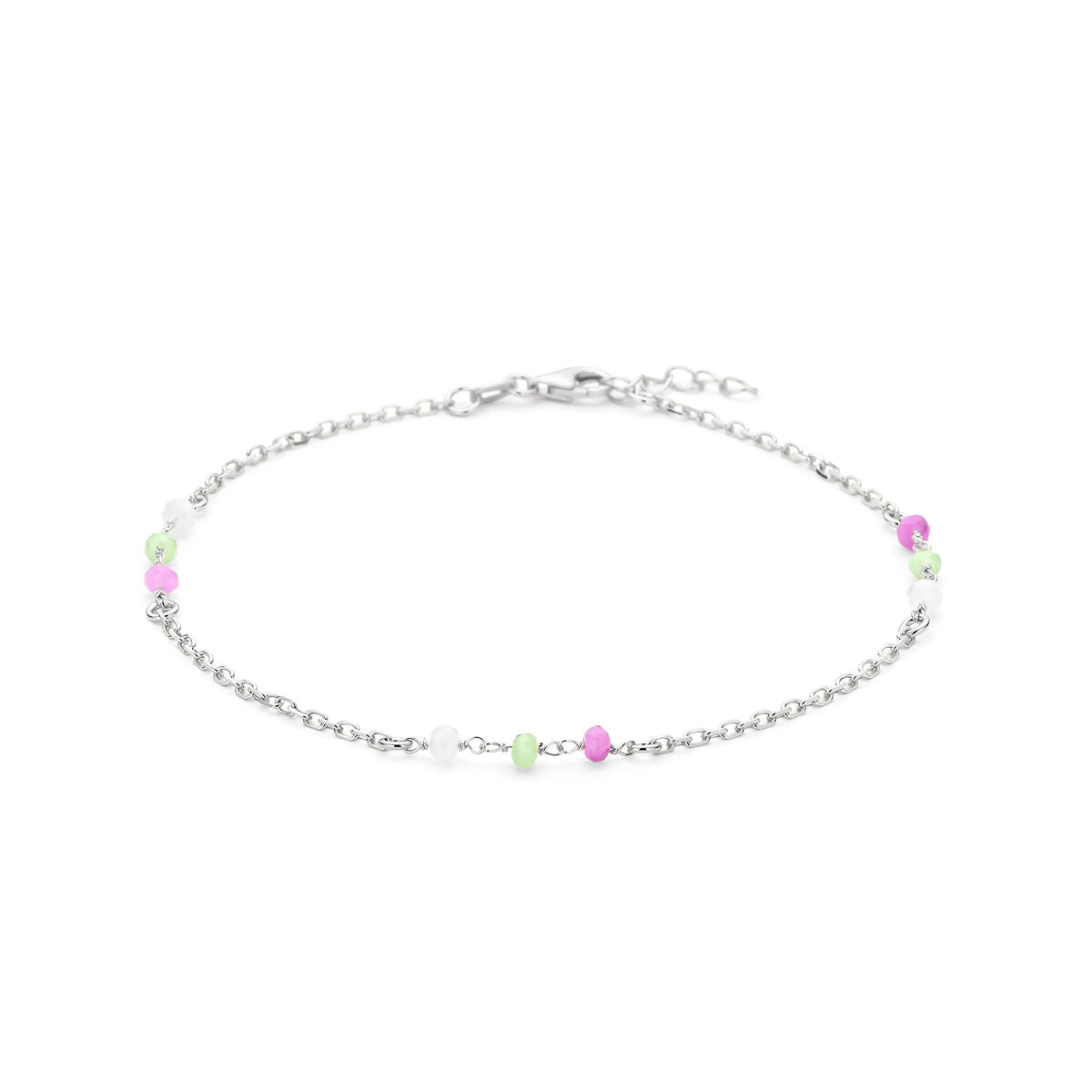 Pulsera de tobillo plateada con cristales en blanco, verde y rosa.
