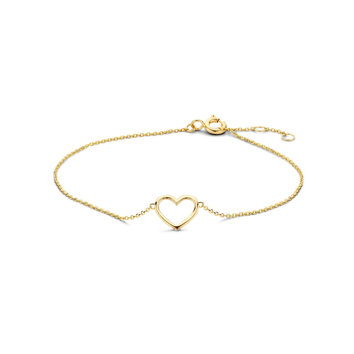 Pulsera dorada de 9 quilates con un colgante en forma de corazón, ajustable de 16 a 18 cm.