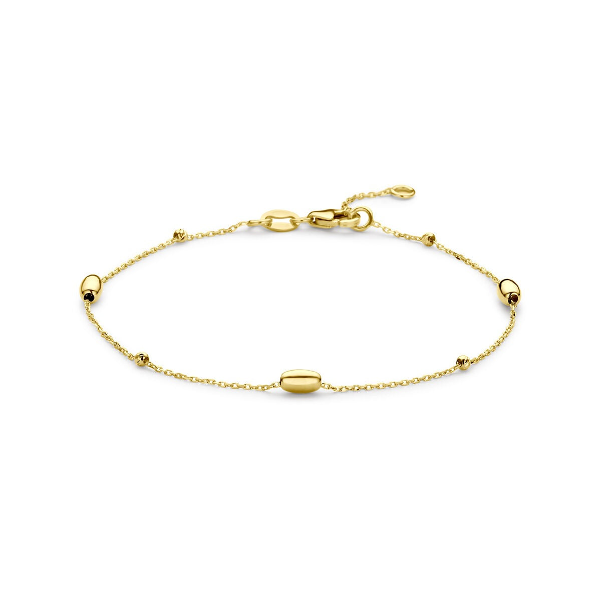 Pulsera de oro amarillo de 14k con bolitas y barras.