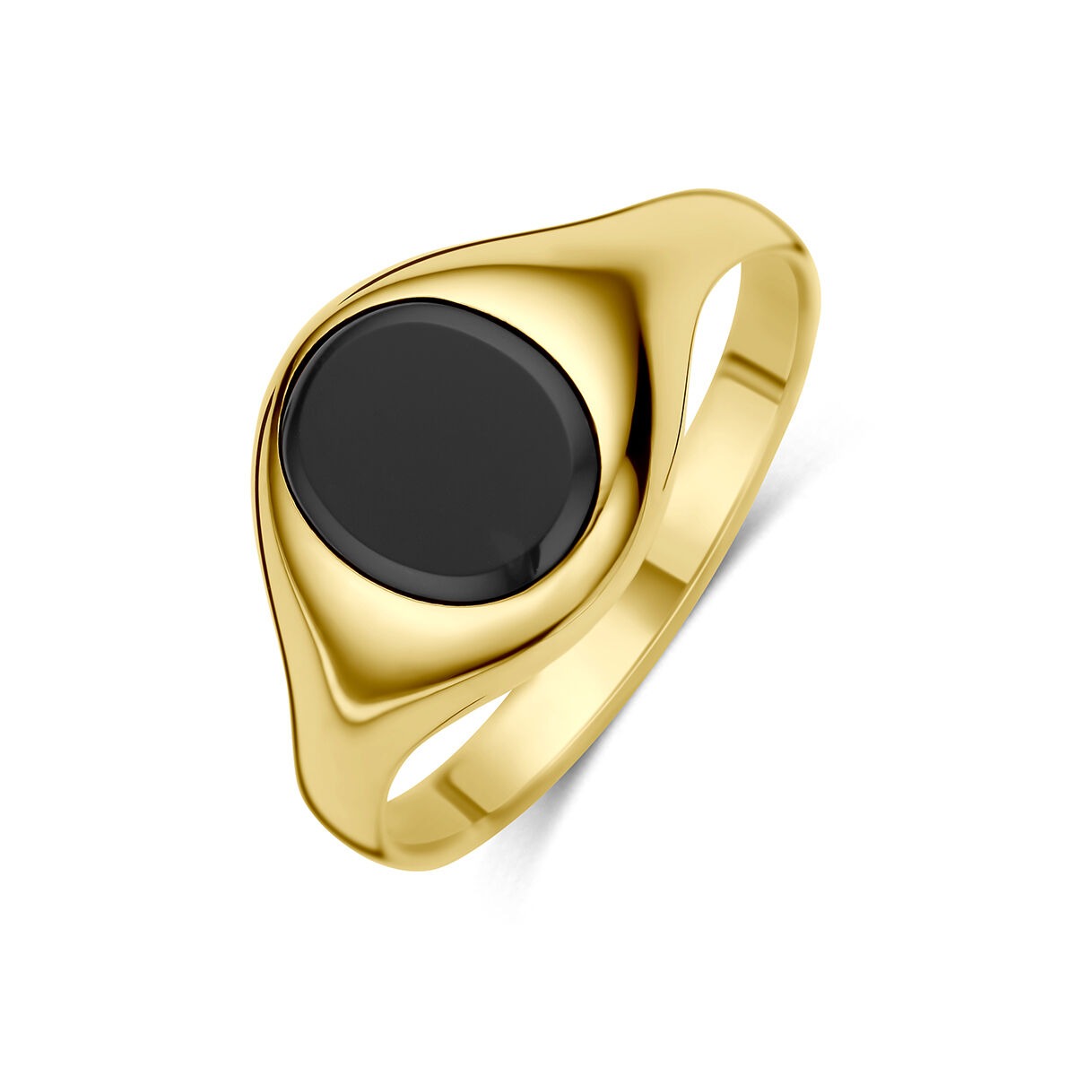 Anillo de oro amarillo de 9 quilates con ónice negro en forma ovalada.