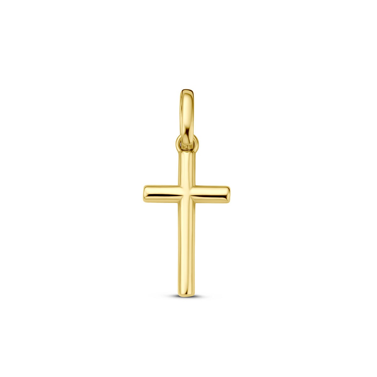 Colgante de cruz en oro amarillo de 9 quilates, con un diseño simple y pulido.
