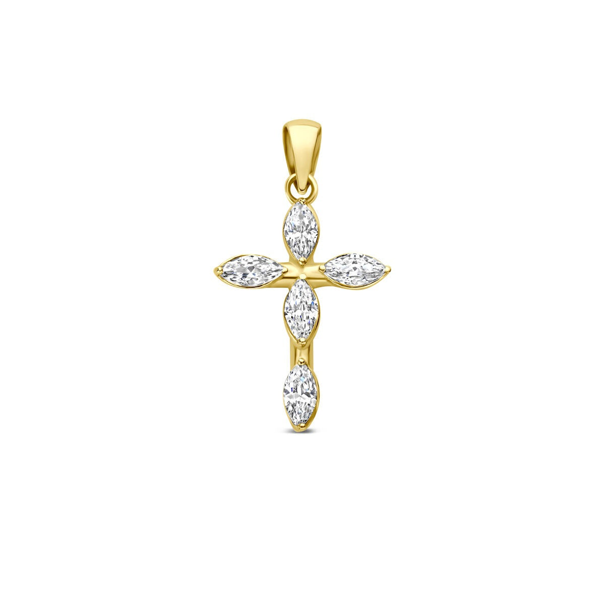 Colgante de cruz en oro amarillo de 14k con zirconitas brillantes.