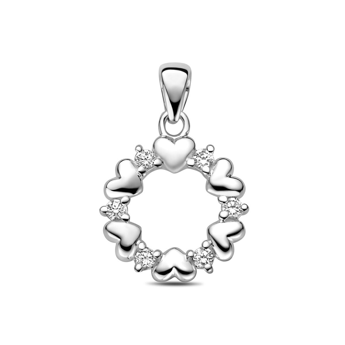Colgante de plata rodiada con corazones y circonitas.