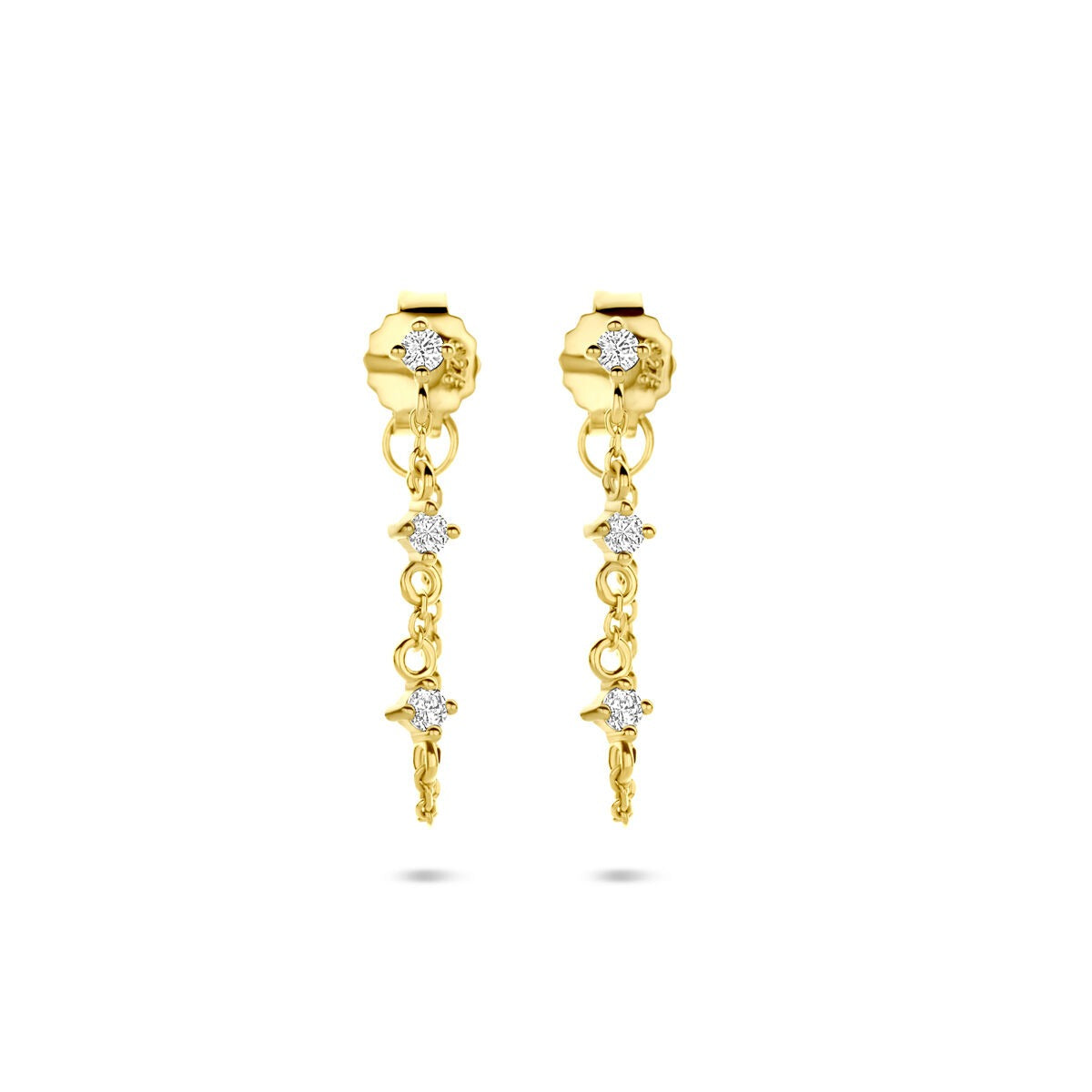 Pendientes largos de plata dorada con circonitas brillantes.