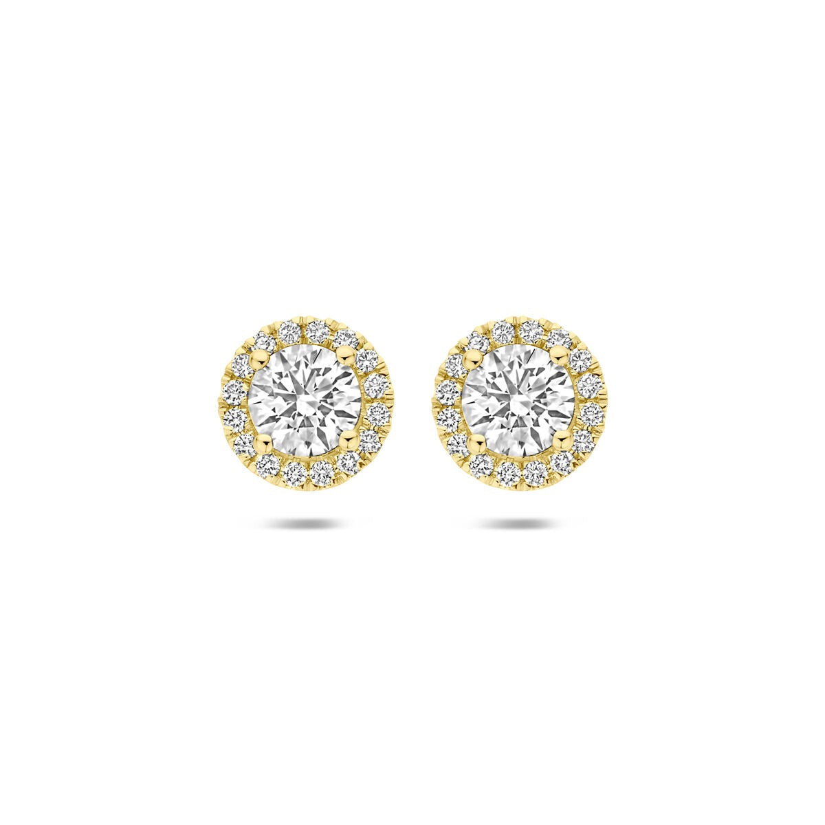 Pendientes de oro de 14k con diamantes cultivados en laboratorio, con un diseño circular y brillante.