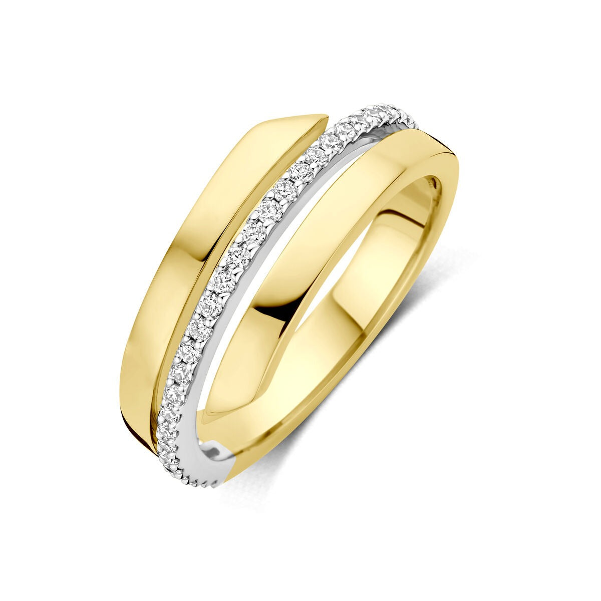 Anillo bicolor de oro de 14k con diamantes de 0.21 ct, con un diseño elegante y brillante.