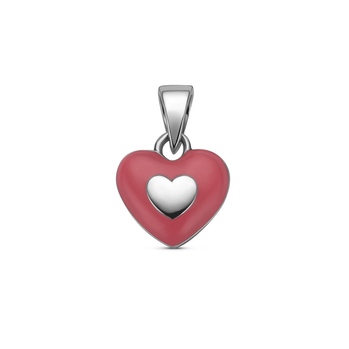 Colgante de corazón de plata 925 rodiada con esmalte rosa y detalle de corazón plateado.