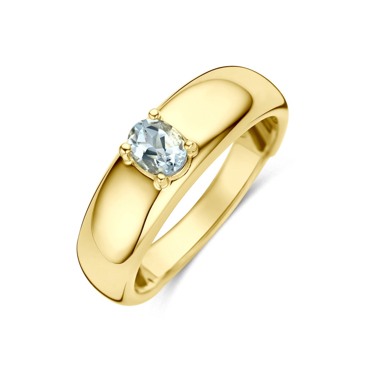 Anillo de oro amarillo de 14k con una piedra de aquamarina ovalada en el centro.