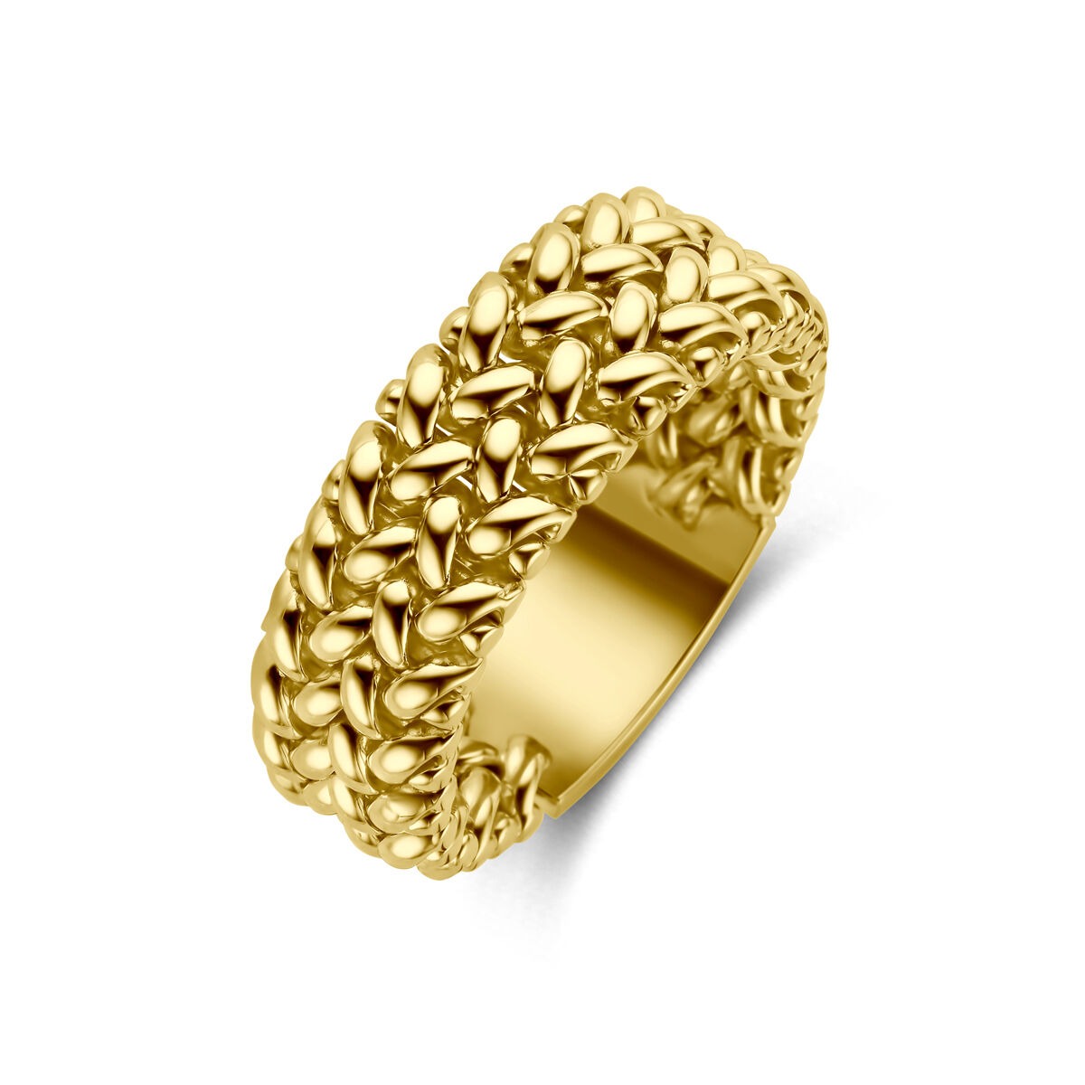 Anillo de dama de oro amarillo de 14 quilates con diseño texturizado y forma ancha.