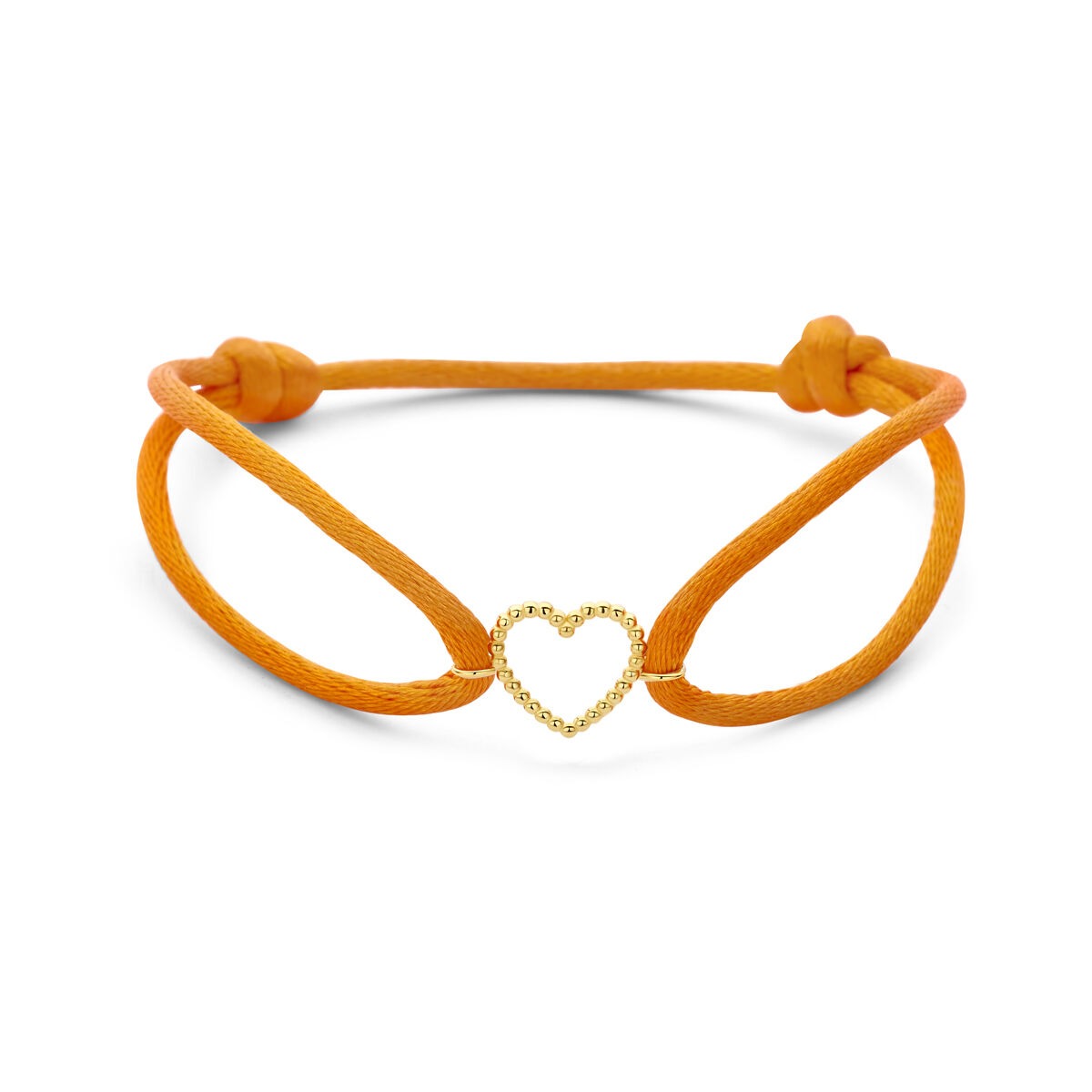 Pulsera de satén naranja con un corazón de oro amarillo de 14k en el centro.