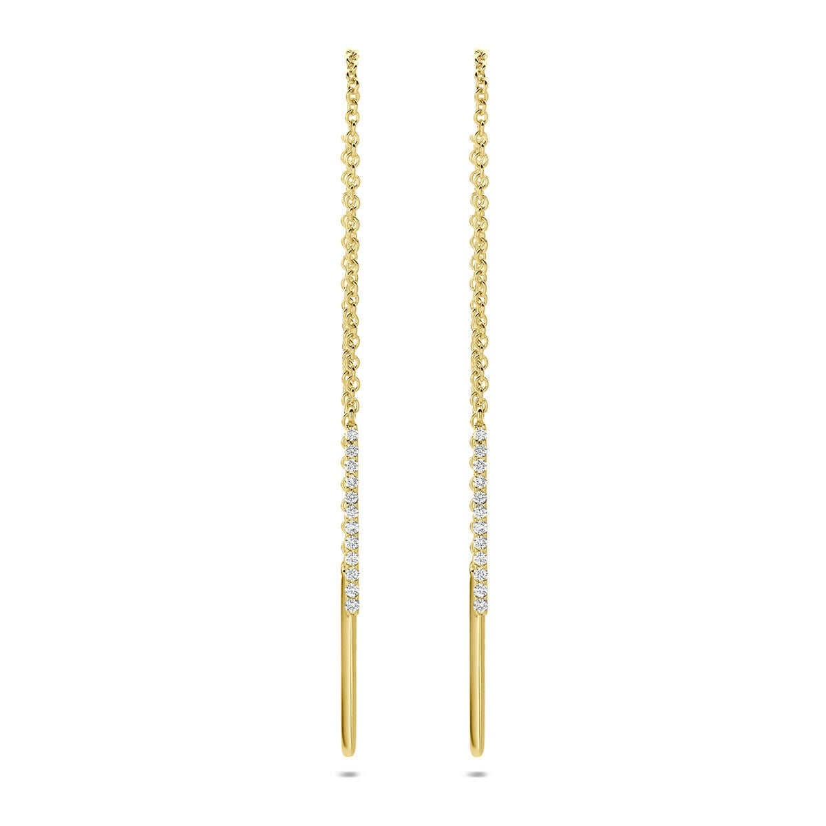 Pendientes largos de oro amarillo de 14k con diamantes brillantes.