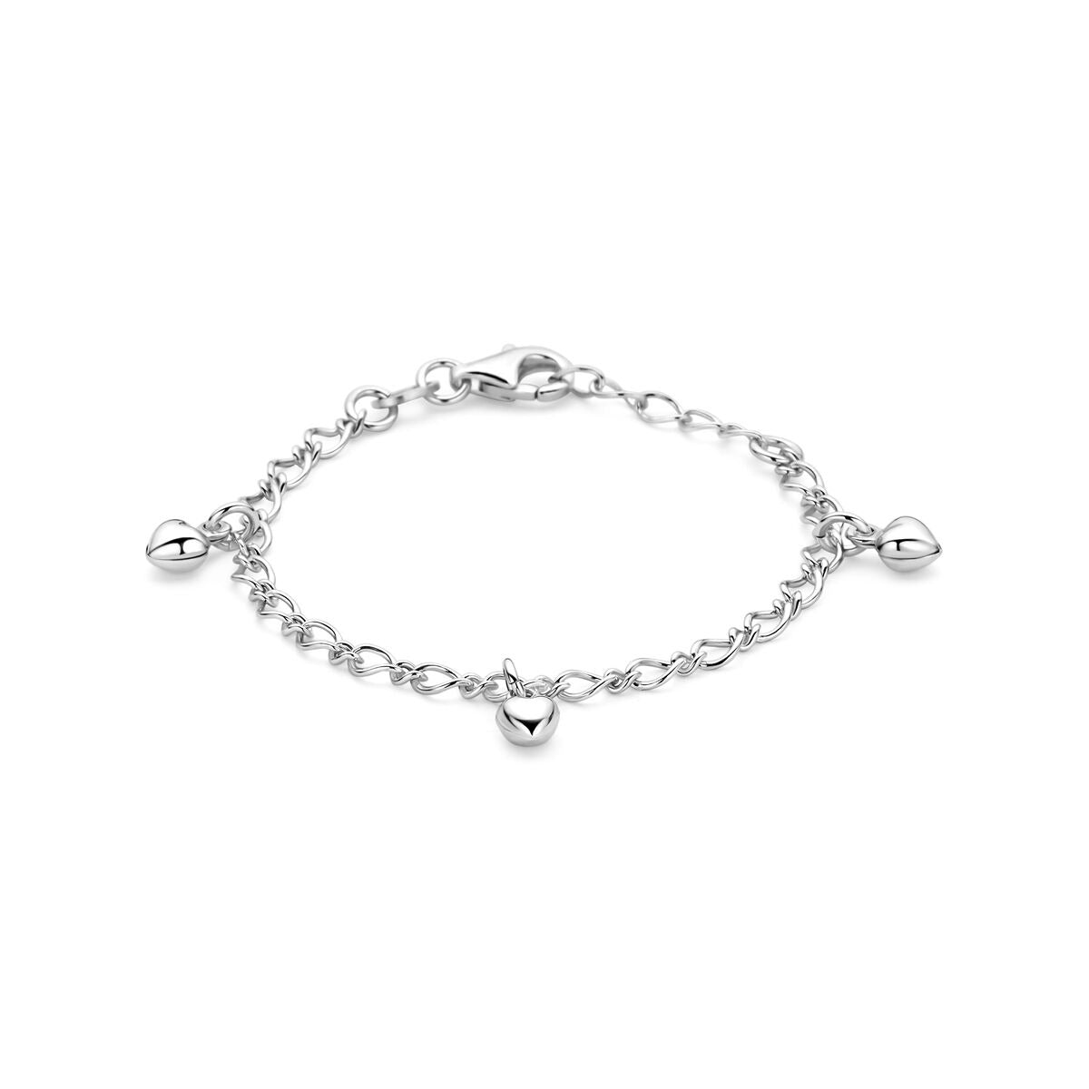 Pulsera infantil de plata 925 rodiada con corazones y detalles en forma de campanitas.