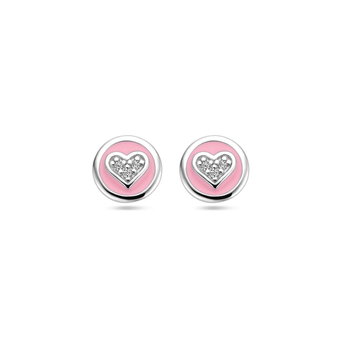 Pendientes de primera puesta de plata con corazón de esmalte rosa y circonitas.