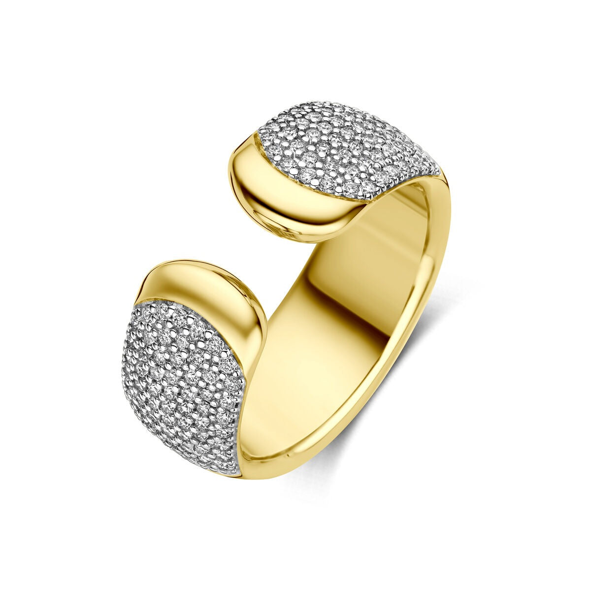 Anillo de oro amarillo de 14k con detalles de diamantes en los extremos.