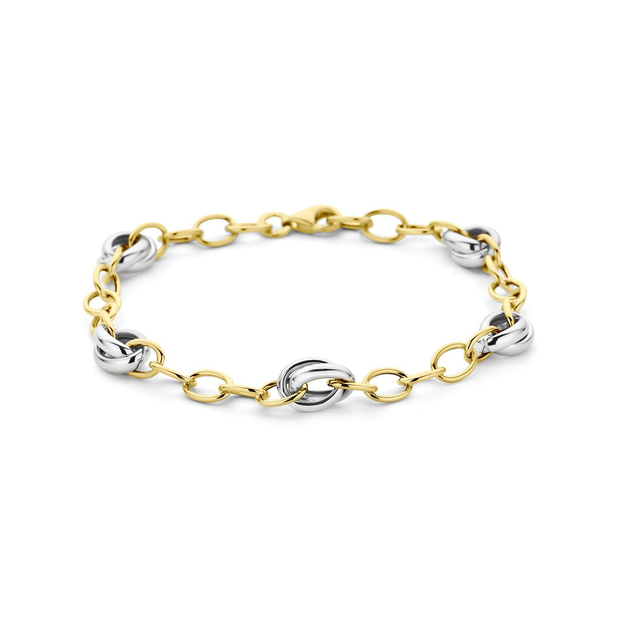 Pulsera de eslabones bicolor en oro de 14k, con detalles en oro blanco y amarillo.