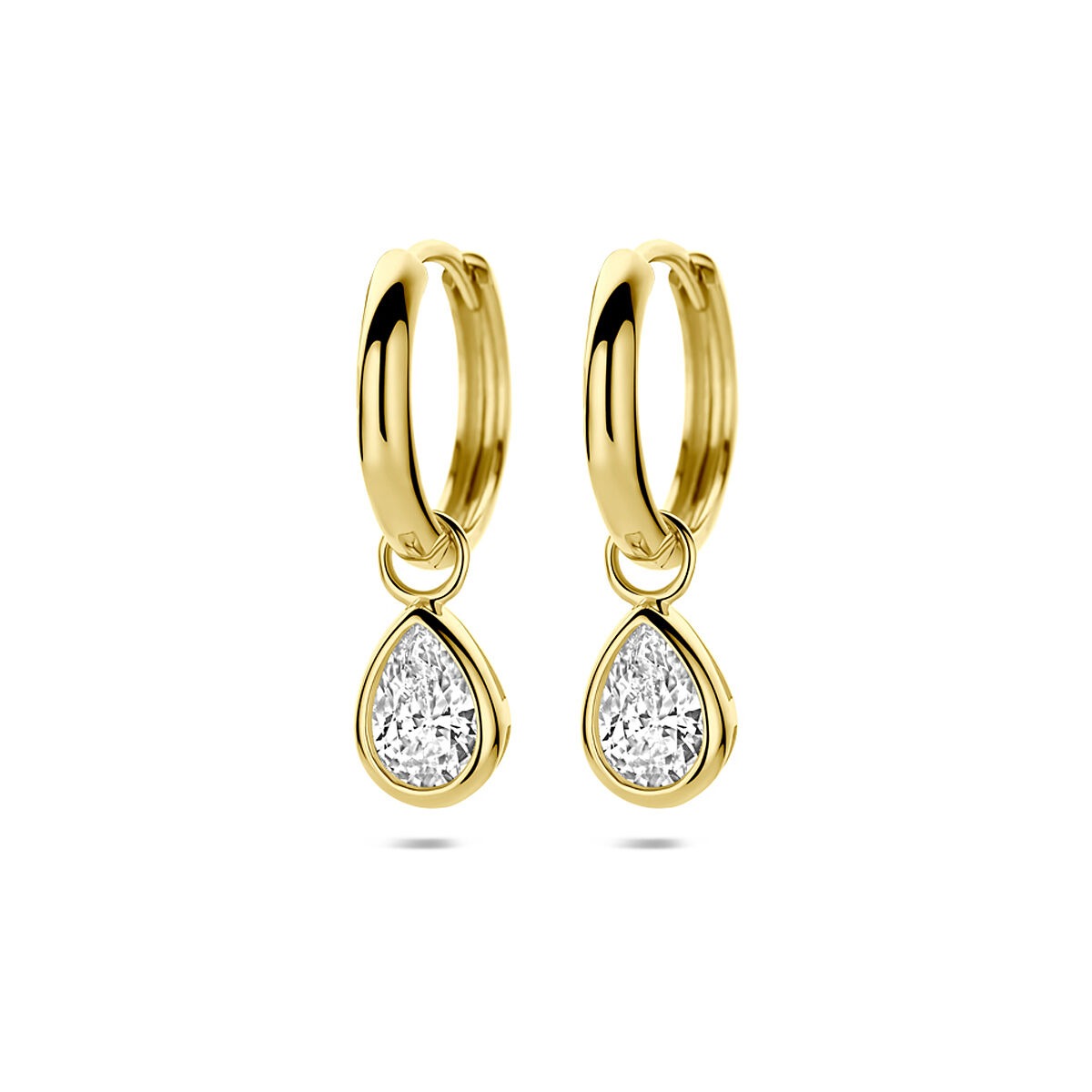 Pendientes de aro amarillos de 9k con zircón en forma de pera.