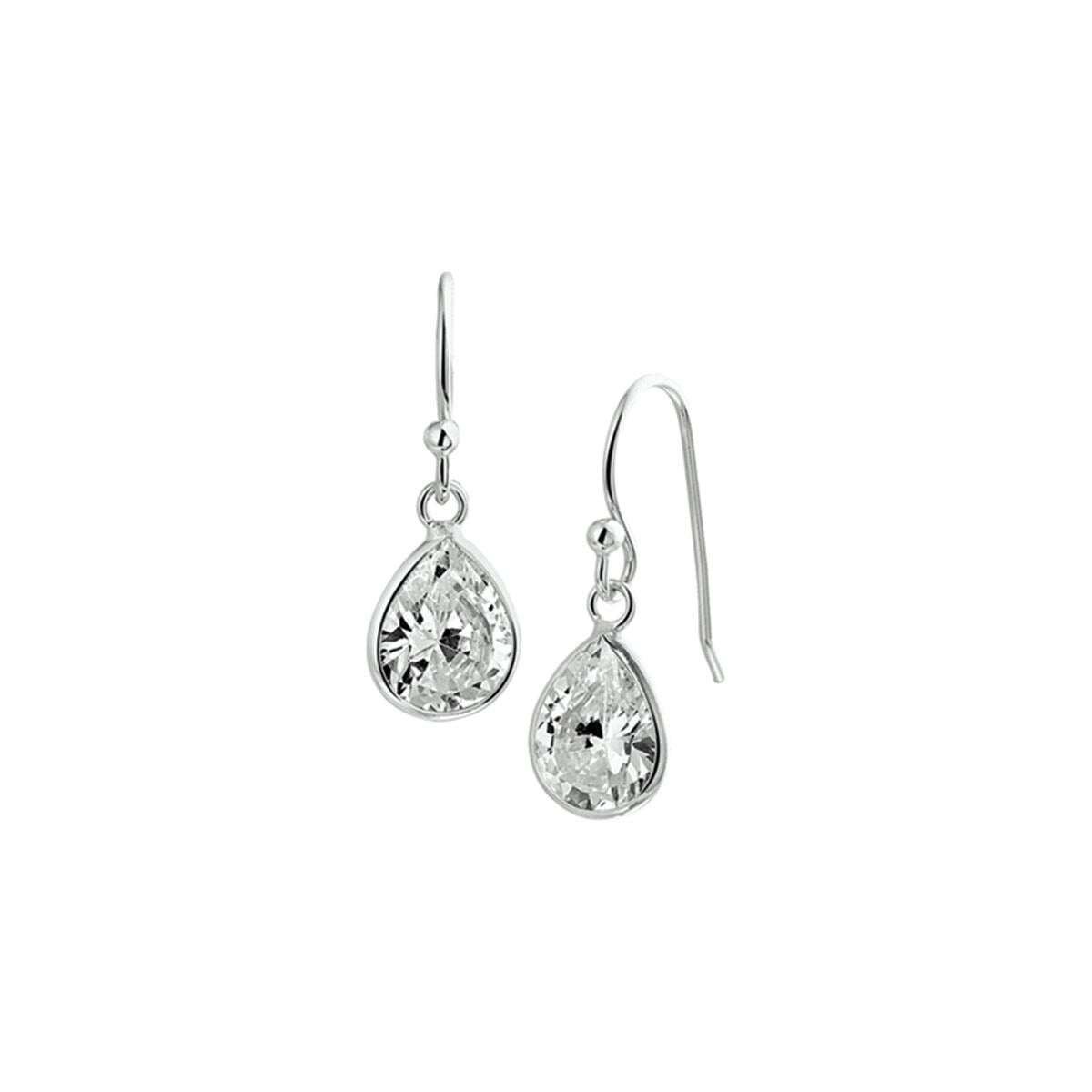 Pendientes largos de plata con circonitas, con forma de pera y acabado rodiado.