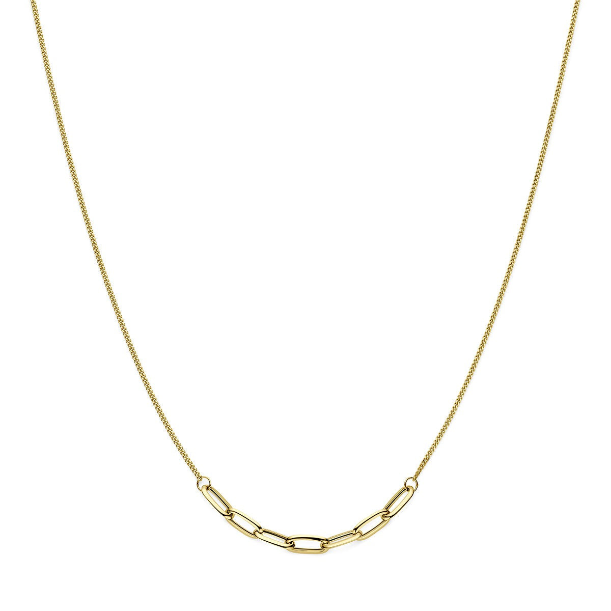 Geelgouden dames collier met een schakelsysteem en een fijne ketting.