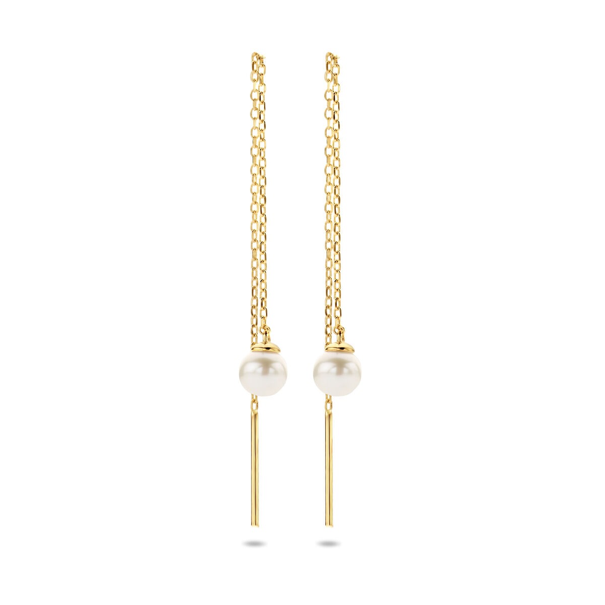 Pendientes largos de oro amarillo de 9 quilates con perla de agua dulce.