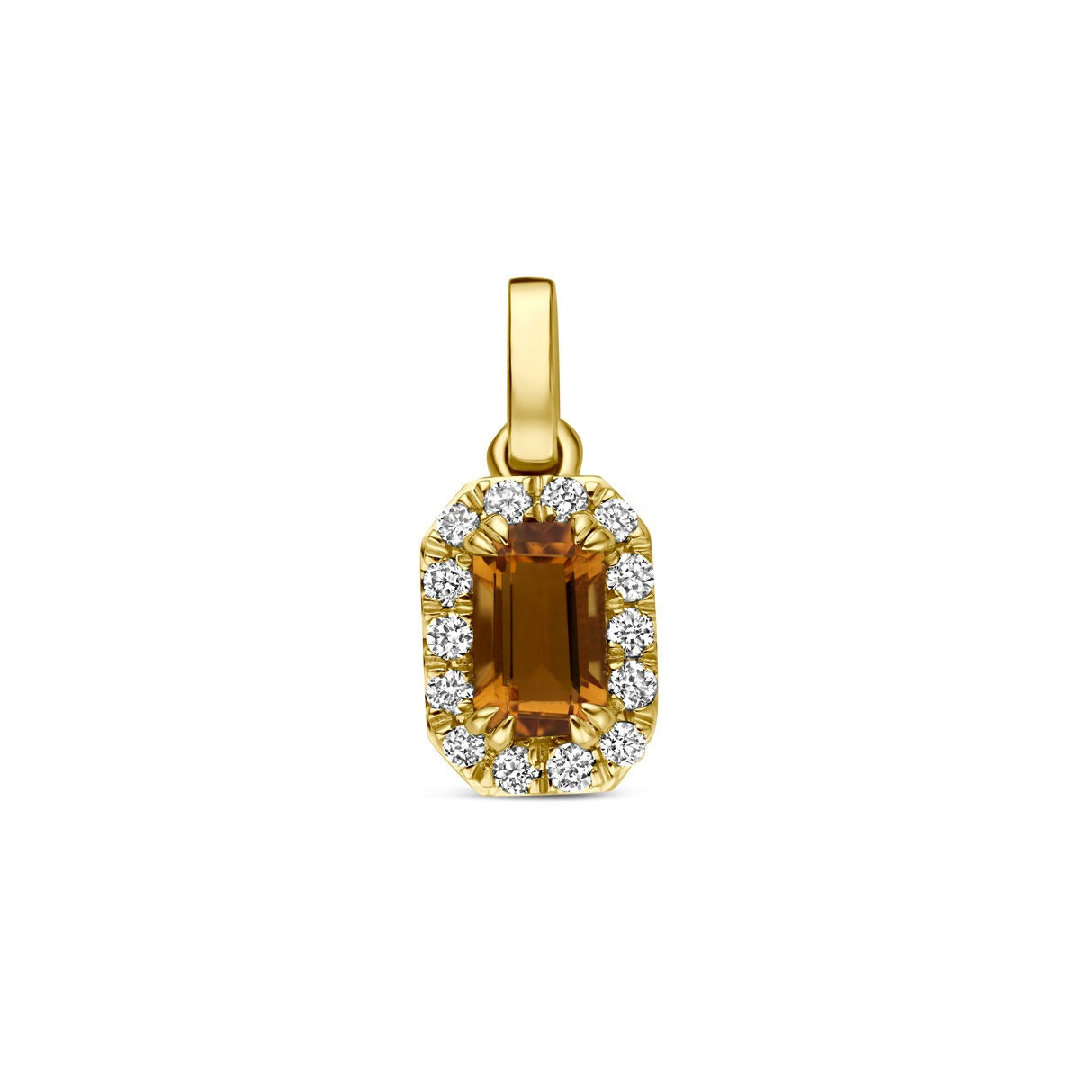 Colgante de oro amarillo de 14k con citrino y diamantes cultivados en laboratorio.