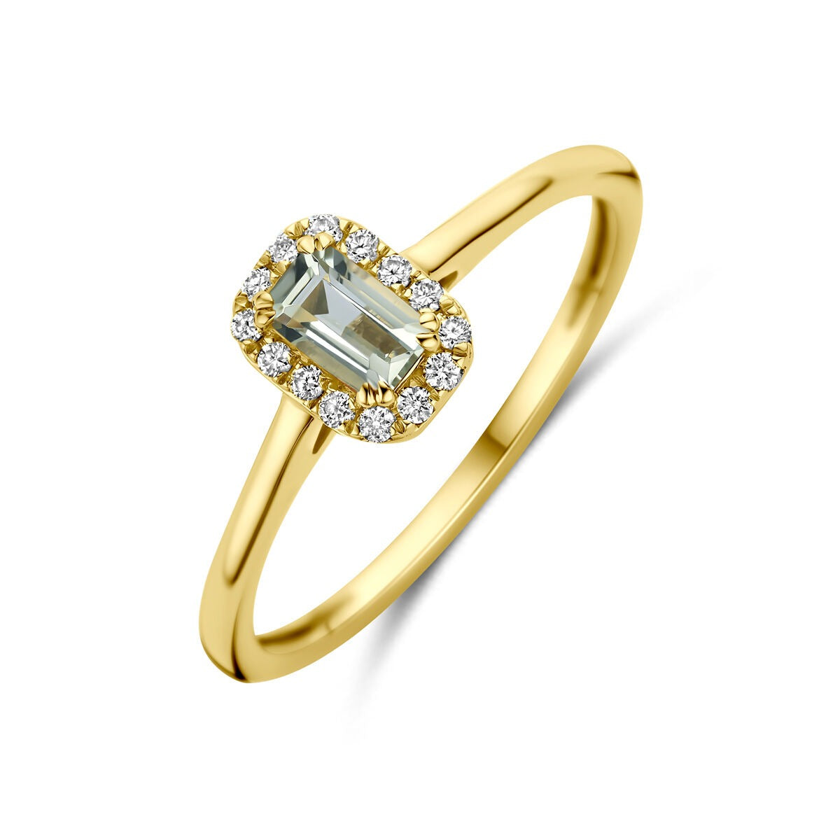 Anillo de oro amarillo de 14k con una amatista verde y diamantes cultivados en laboratorio.