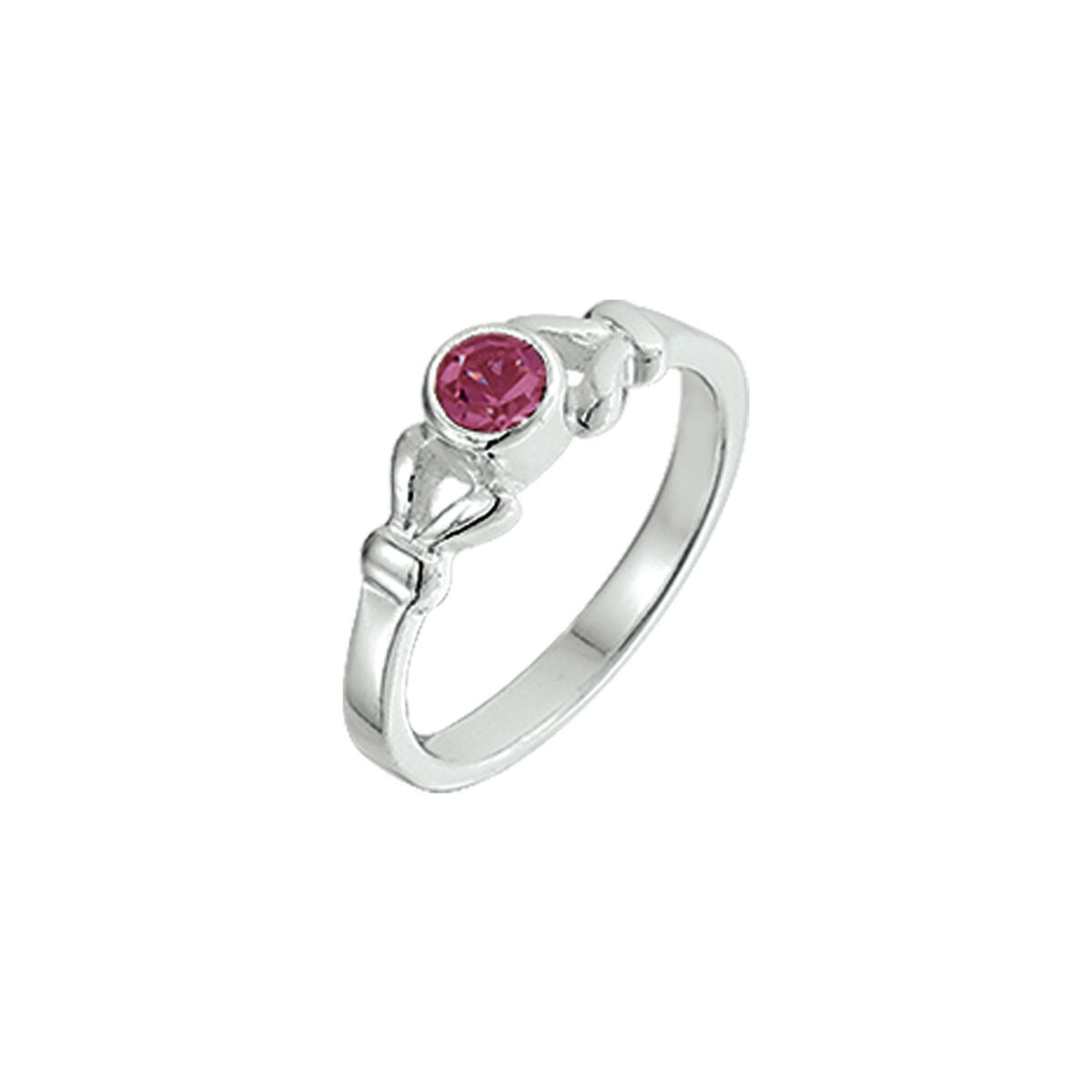 Anillo de plata rodiada para niña con strass rosa en el centro.