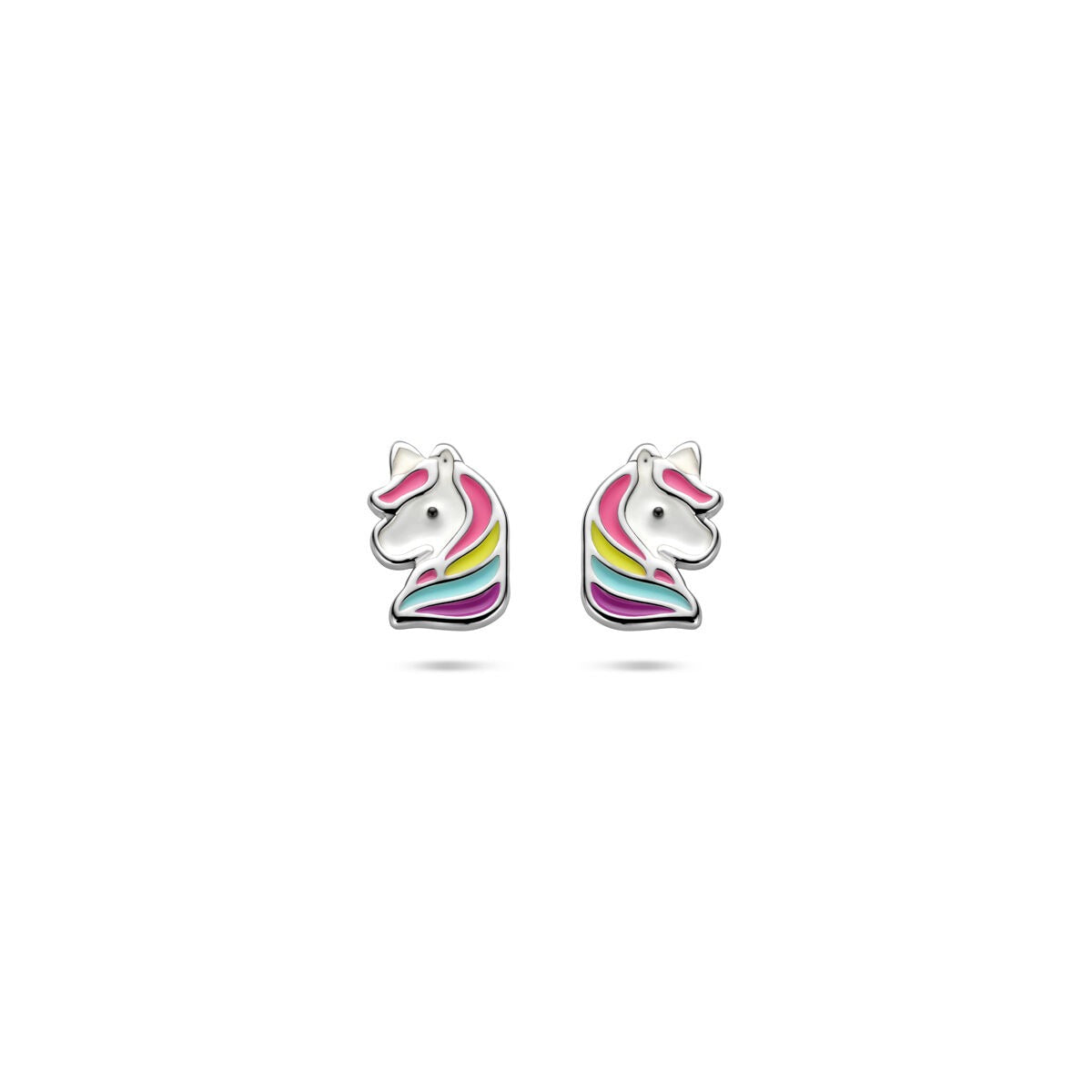 Pendientes de primera puesta en forma de unicornio, de plata de ley 925, con detalles de colores.