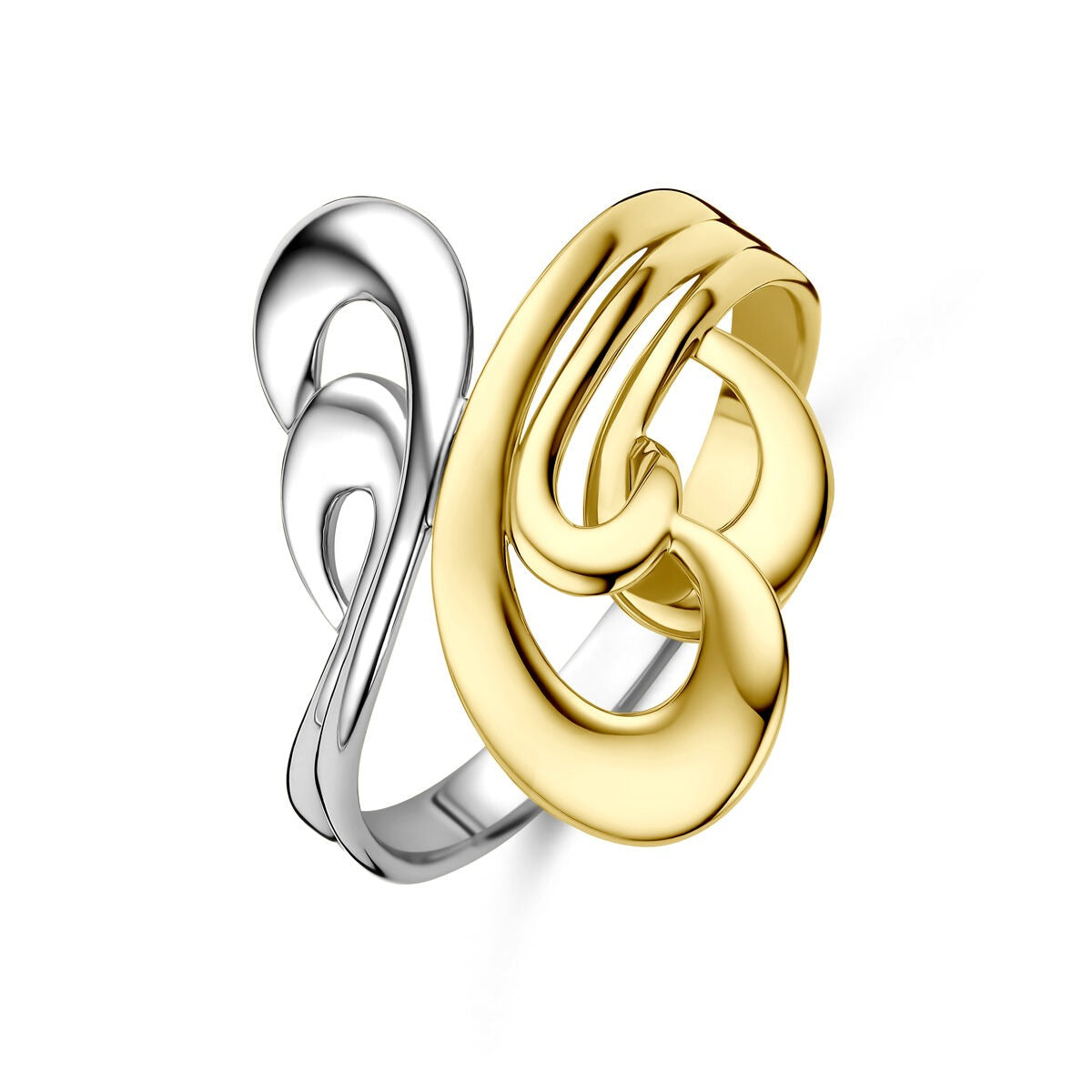 Anillo de dama bicolor de 14 quilates con diseño entrelazado en oro amarillo y blanco.