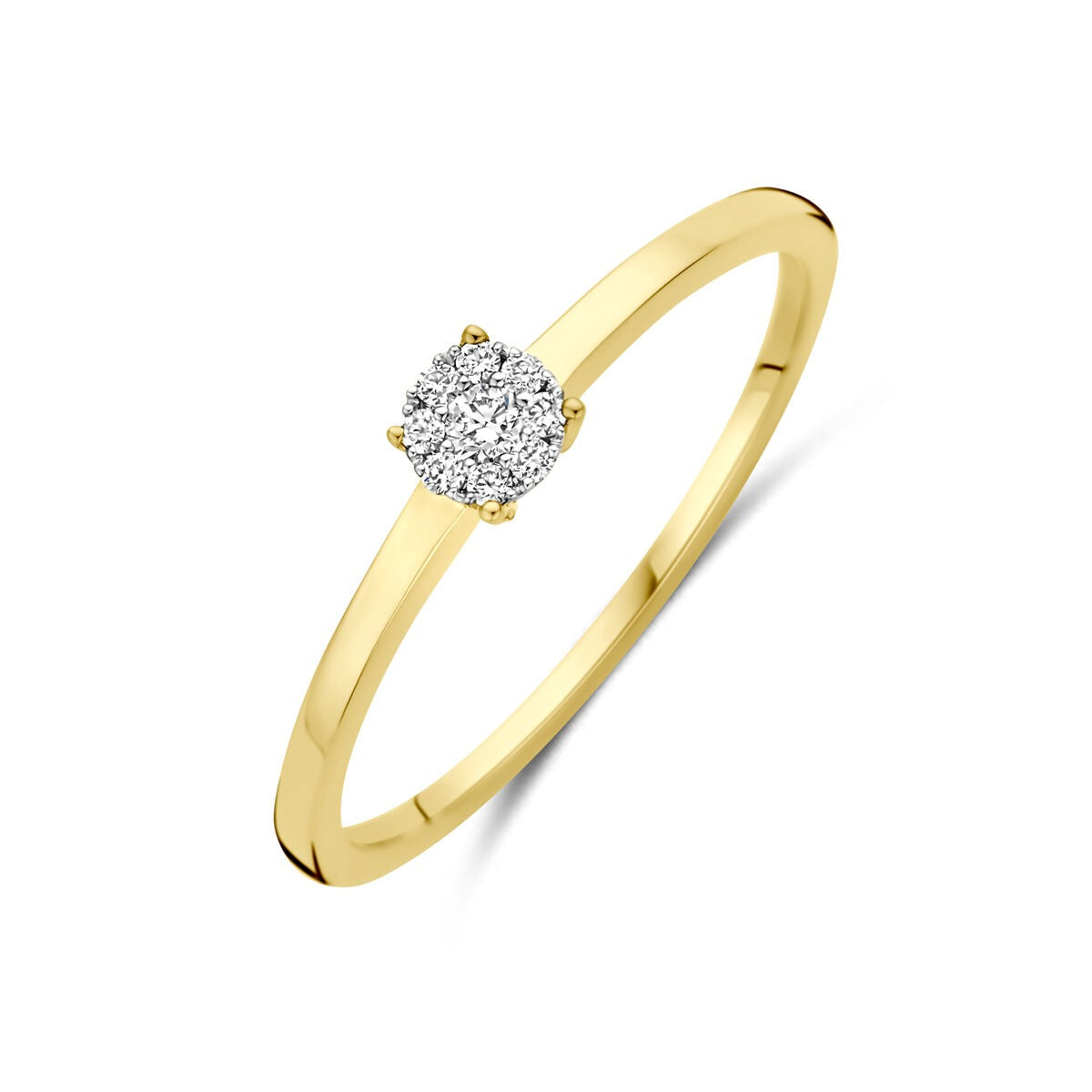 Anillo bicolor de oro de 14k con diamante de 0.06ct en el centro.