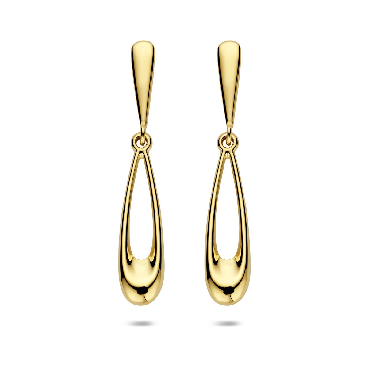 Pendientes largos de oro amarillo de 14 quilates con forma de gota.